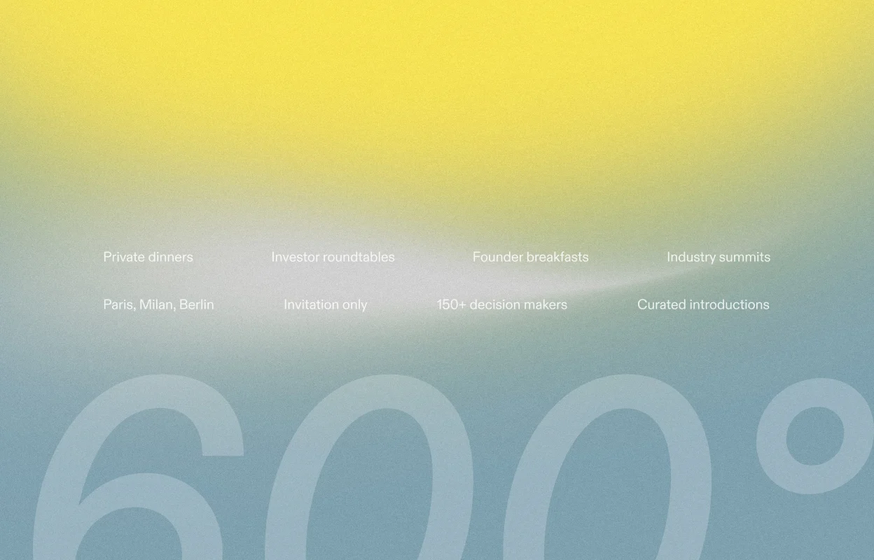 Page d'accueil de 600° : un dégradé jaune et bleu, le nom en très grand.
