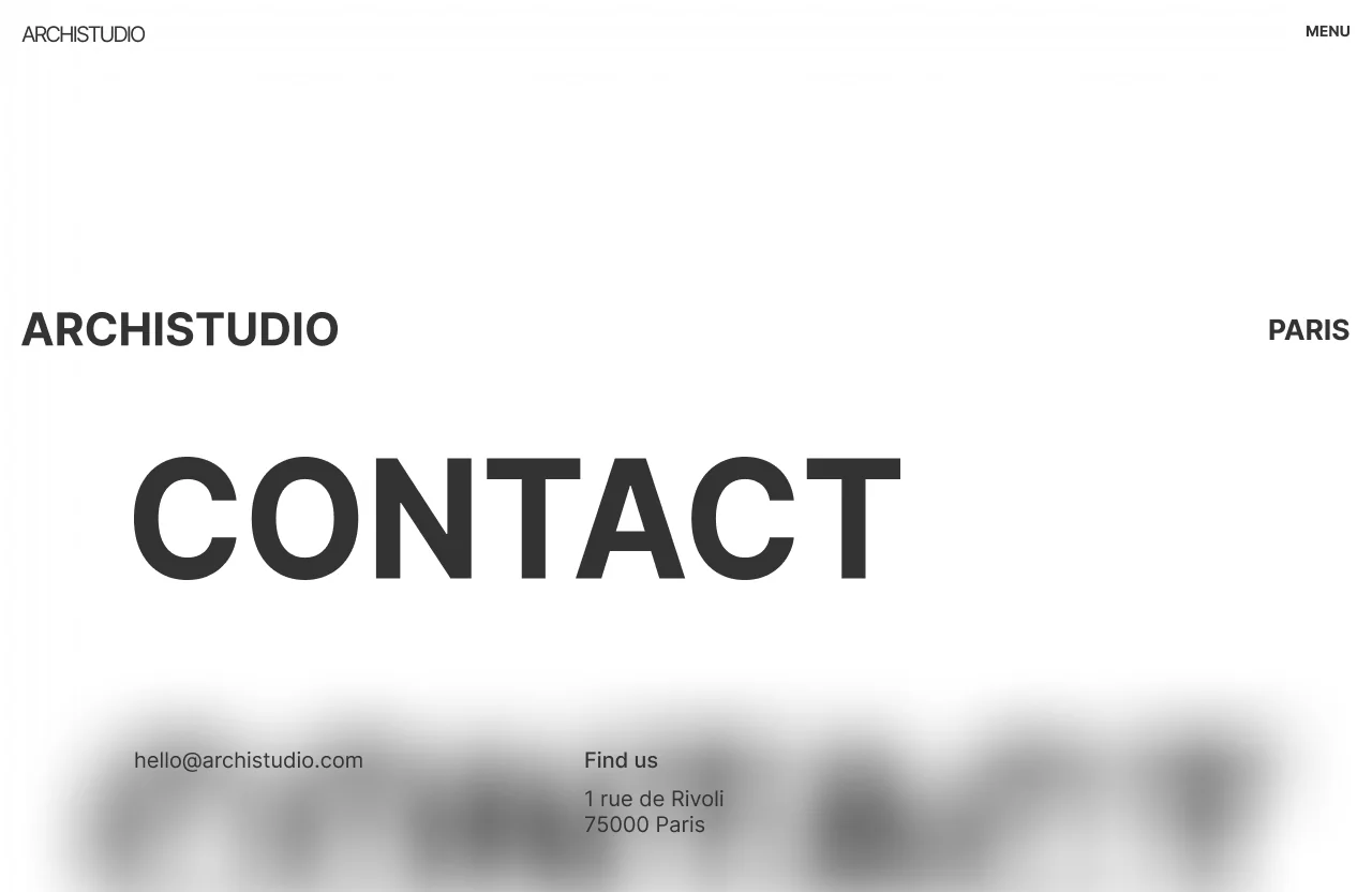 The Archistudio contact page, in very large capitals.