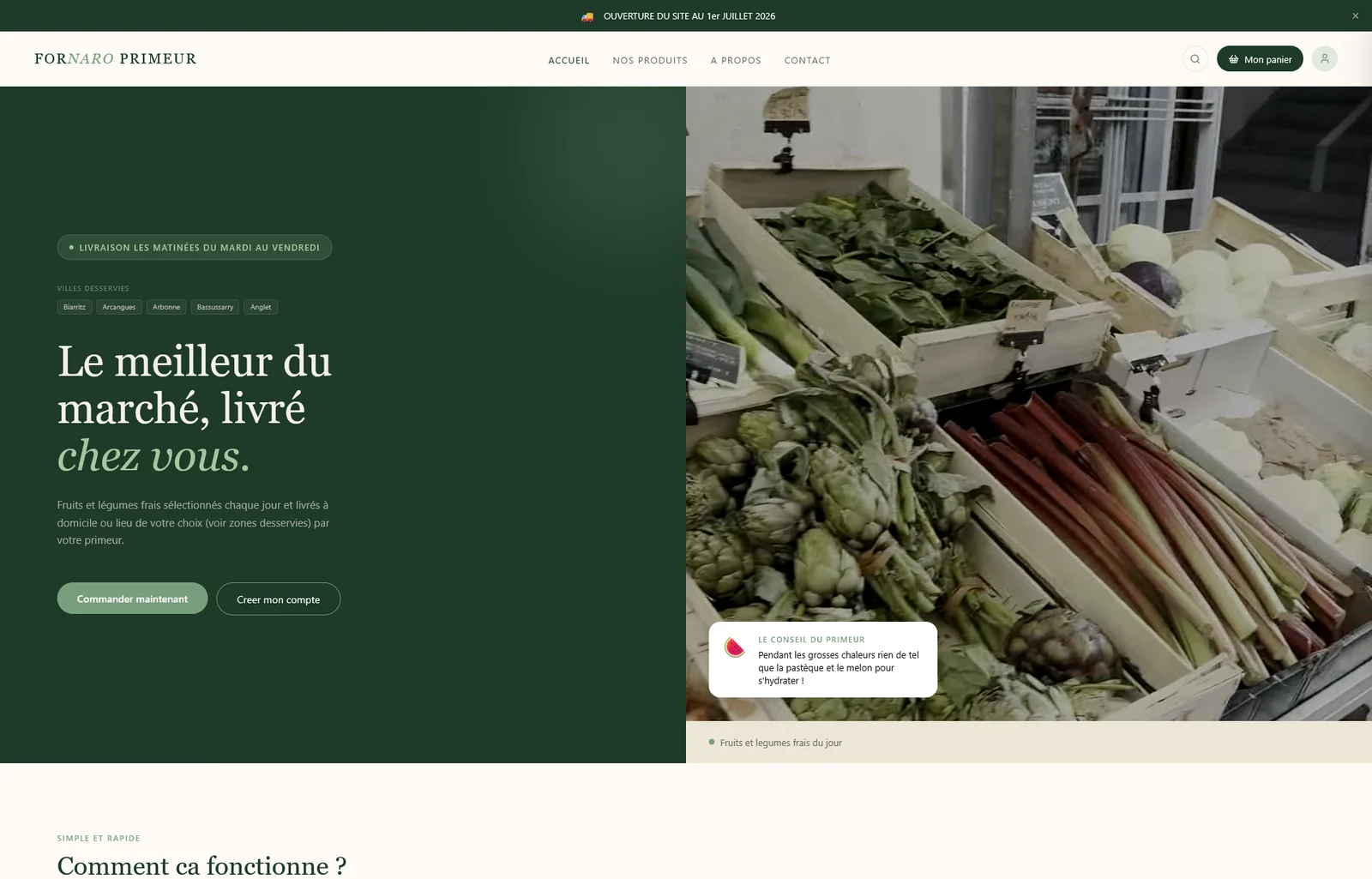 Page d'accueil de Fornaro Primeur : « Le meilleur du marché, livré chez vous. »