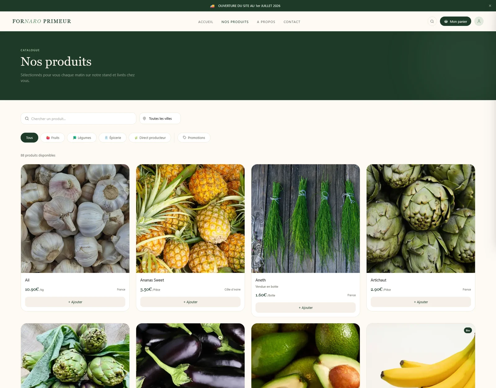 La page des produits de Fornaro Primeur, fruits et légumes en vignettes.