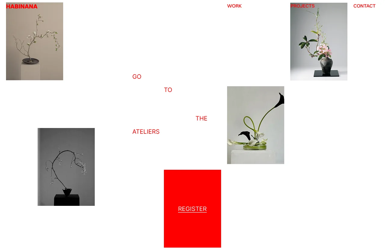 Les ateliers de Habinana : des compositions florales et le bouton d'inscription en rouge.