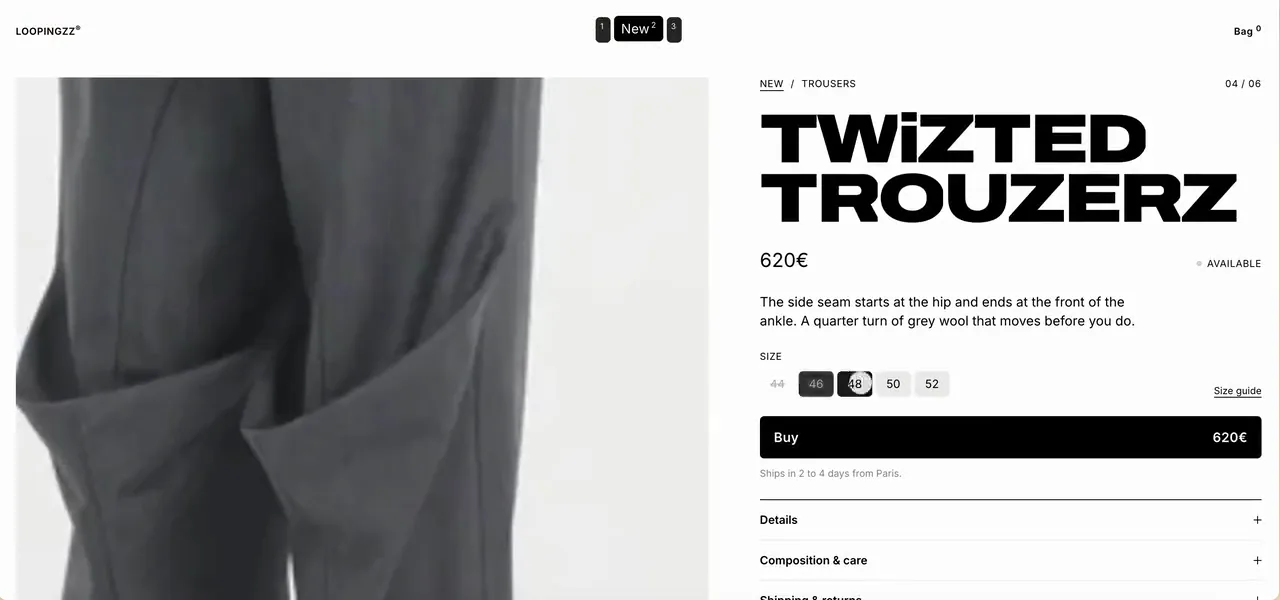 The Twizted Trouzerz product page, the piece shown large with its price.