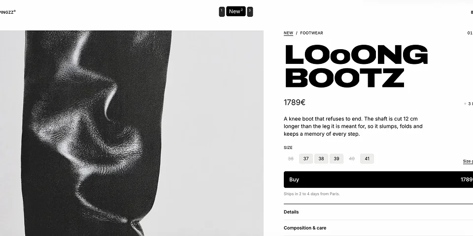 The Looong Bootz product page, the piece shown large with its price.
