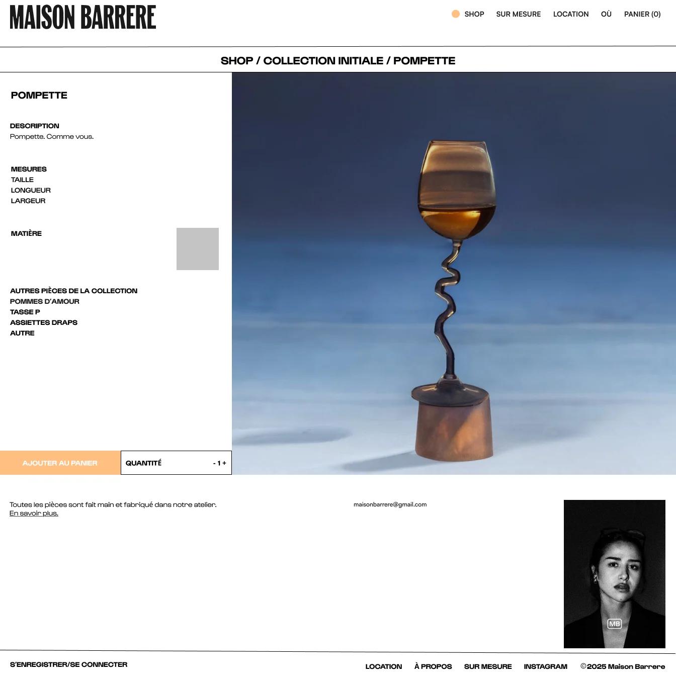 Une fiche produit de Maison Barrère, la pièce en grand à côté de sa description.