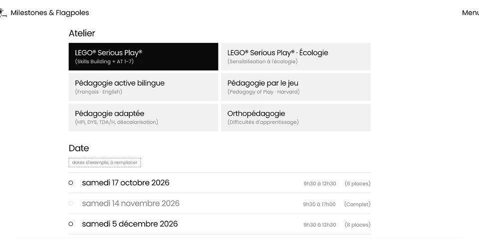 La liste des ateliers de Milestones & Flagpoles, avec leurs dates.